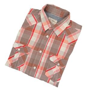 PD&C Plaid Western Button-Up Shirt Roll-Tab Sleeves 100% Cotton Men's Medium‎